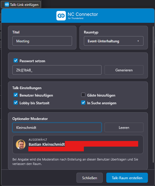 Talk-Assistent in Thunderbird mit Passwortschutz, Lobby, Teilnehmeroptionen und Moderationsübergabe