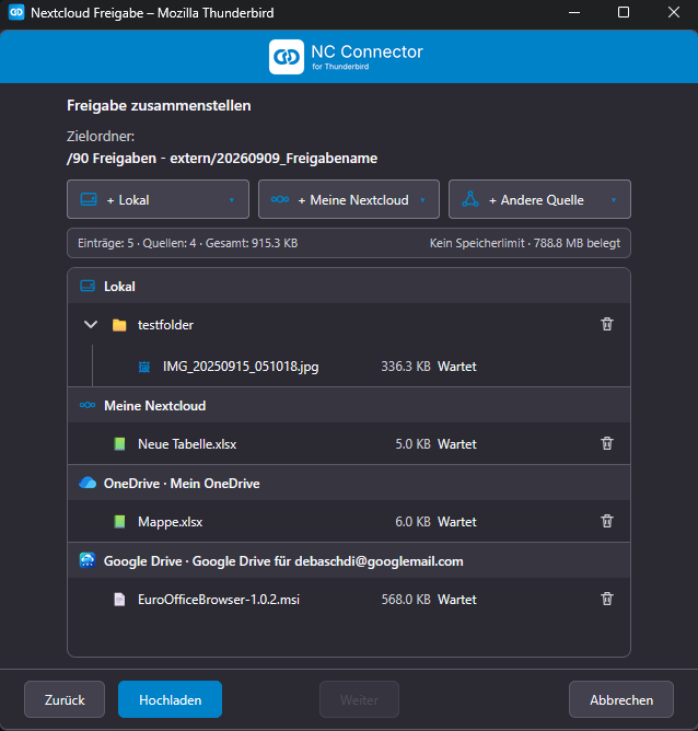 Freigabe-Warteschlange mit lokalen Dateien, der eigenen Nextcloud, OneDrive und Google Drive