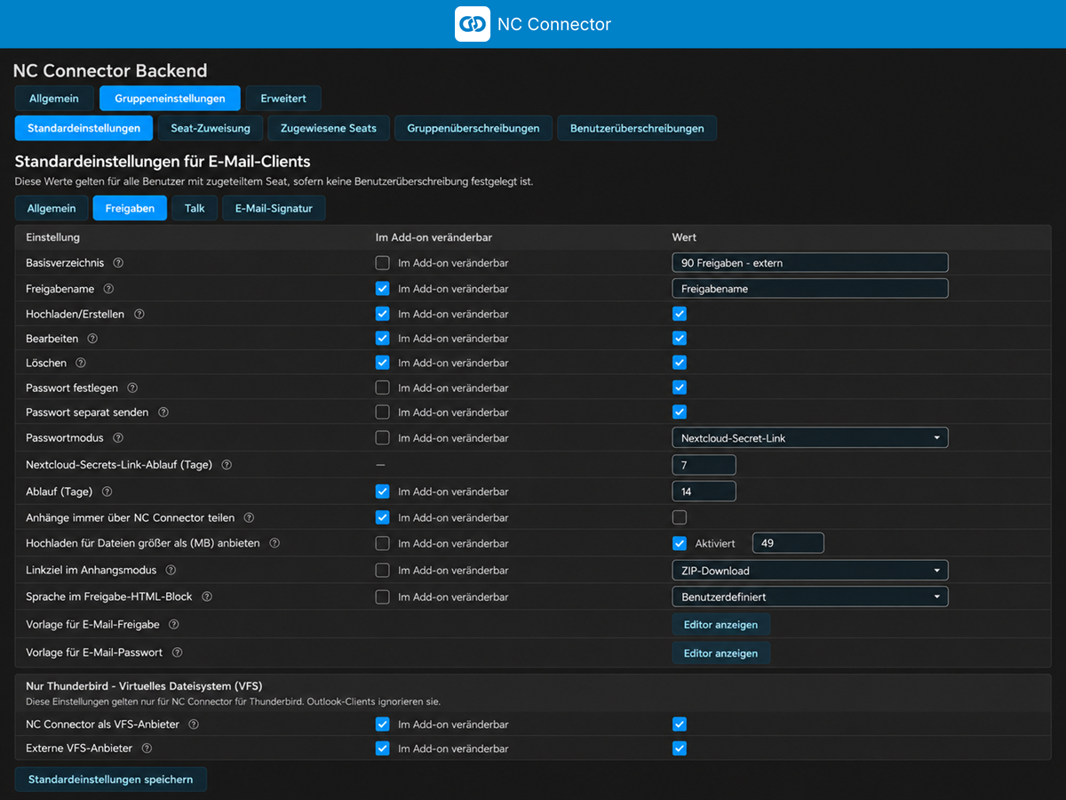 NC Connector Backend mit zentralen Vorgaben für Freigaben, Talk, Signaturen sowie Benutzer und Gruppen