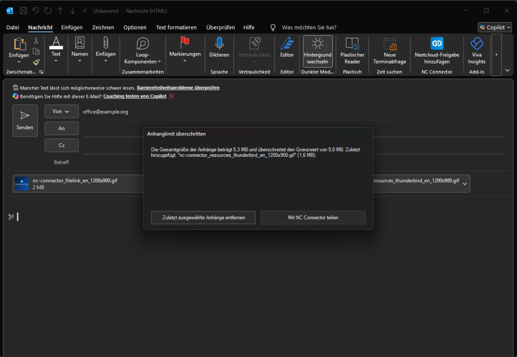 Große Anhänge erkennen – bei überschrittenem Größenlimit zur Nextcloud-Freigabe wechseln