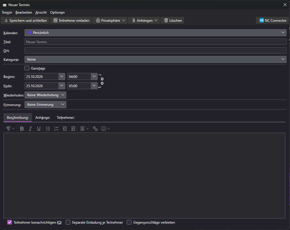 Räume und Ressourcen öffnen – NC Connector direkt im Termineditor aufrufen